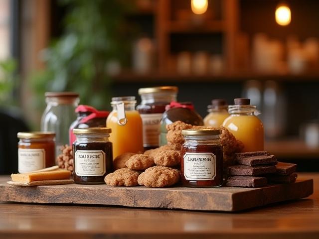 Un puesto de mercado artesanal dentro de Café Lumina, mostrando productos gourmet locales como mermeladas y dulces.