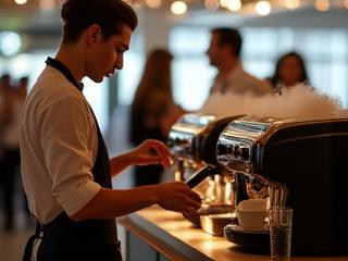 Barista profesional preparando café de especialidad en una barra móvil