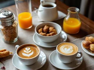 Mesa de coffee break con café, tés, jugos y pastelería de Café Lumina