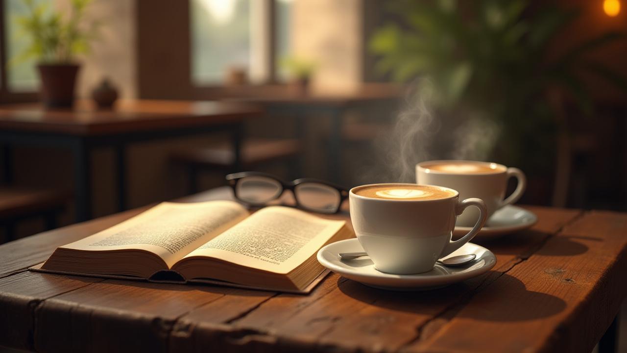 Un libro abierto con una taza de café humeante sobre una mesa de madera rústica en Café Lumina, evocando un ambiente acogedor para la lectura.