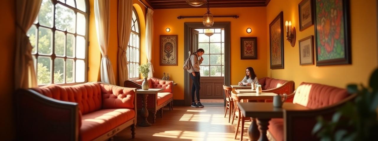 Interior acogedor de Café Lumina con personas disfrutando y detalles artesanales.