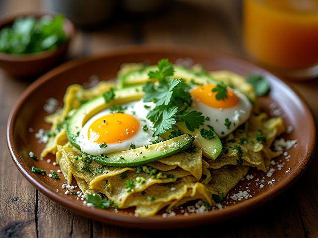 Platillo de chilaquiles verdes con huevo y crema, servido en un ambiente acogedor de cafetería.