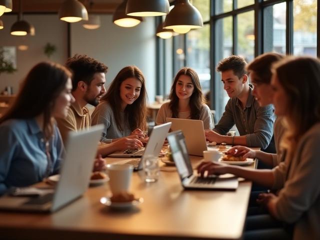 Grupo de personas colaborando en una mesa grande en Café Lumina, con bebidas y laptops