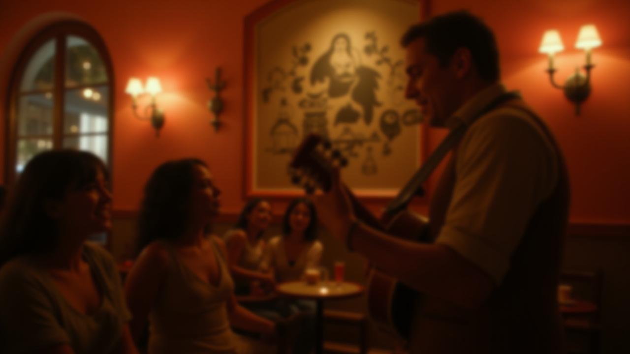 Músico tocando suavemente la guitarra en un evento íntimo en Café Lumina, con luces cálidas y público atento.