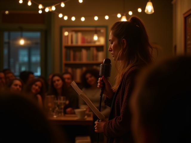 Poeta recitando con pasión ante una audiencia atenta en Café Lumina.