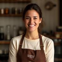Retrato sonriente de Ana Sofía, barista principal y experta en café, con su uniforme de Café Lumina