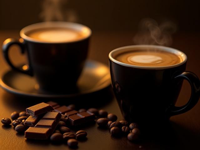 Tazas de café de especialidad junto a trozos de chocolate artesanal, con un ambiente cálido y rústico