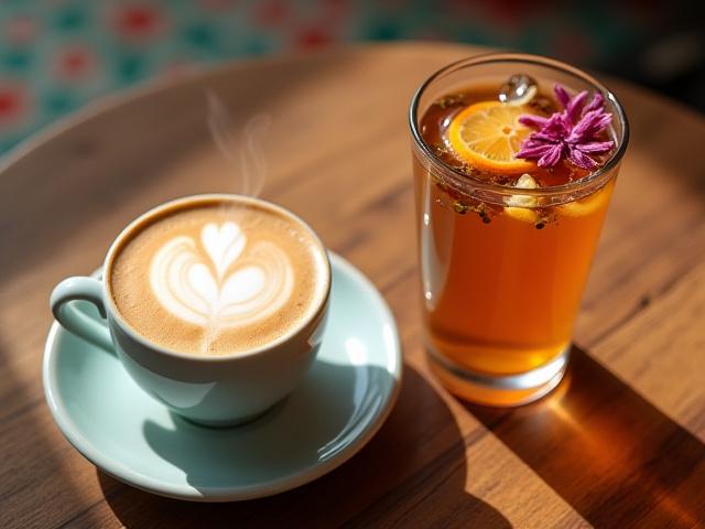 Tazas de café latte art y té de flores
