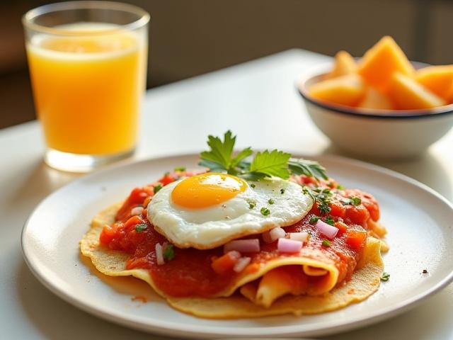 Plato de chilaquiles con café y jugo
