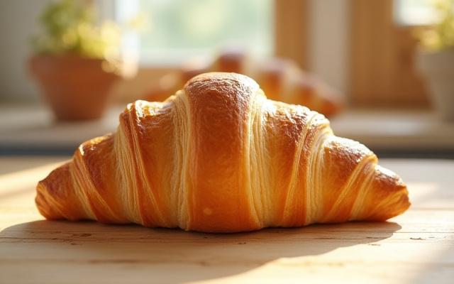 Croissant de mantequilla recién horneado y brillante