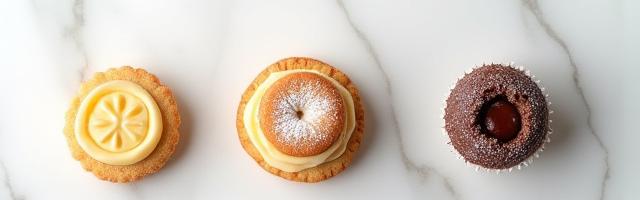 Variedad de galletas artesanales y pequeños postres en una vitrina