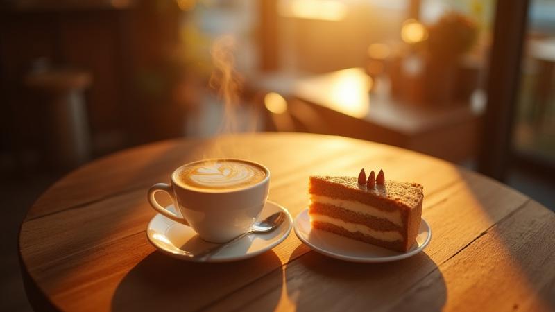 Taza de café humeante con espuma cremosa, junto a un trozo de pastel