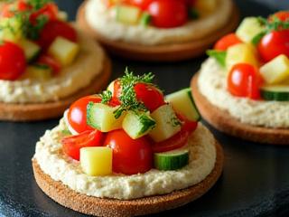Tostadas con hummus untado y vegetales frescos