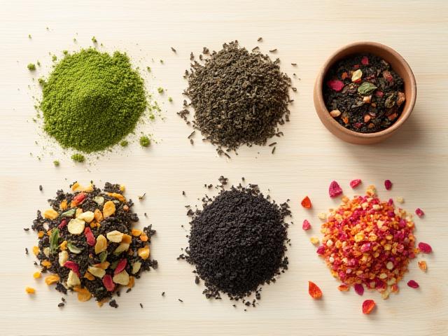 Varias hojas de té e infusiones secas